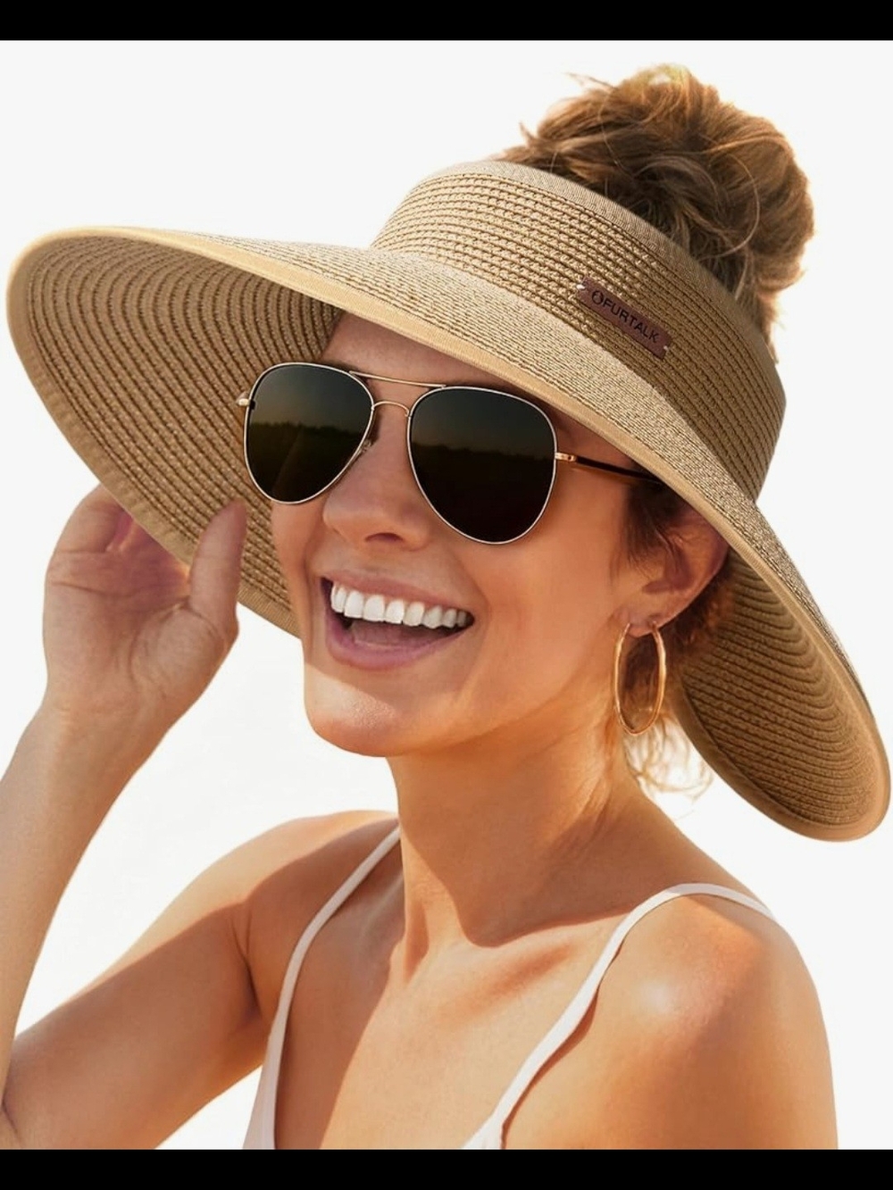Wide Brim Straw Visor Hat in Tan/Khaki